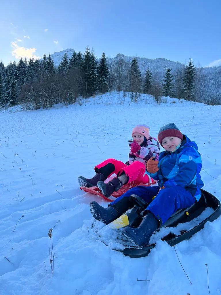 Deti sa sánkujú na zasneženej lúke pod horami